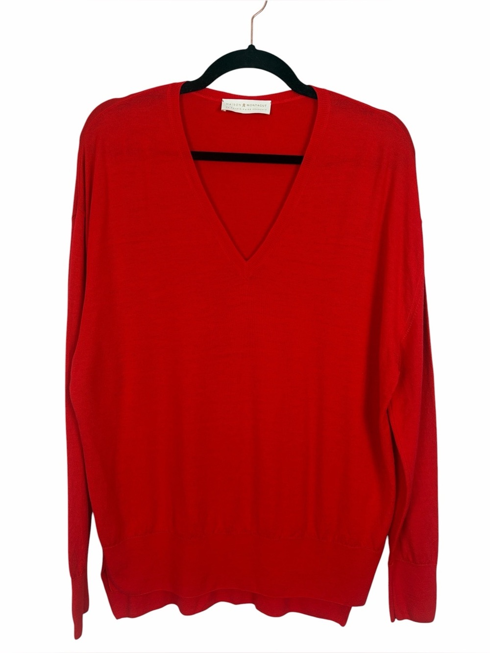 Maison Montagut 100% Merino Wool V-Neck Sweater Red Size M French Luxury Knit
